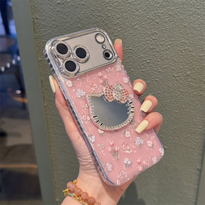 Cartoon KT <b>Cat</b> Flower Mobile Phone case for iPhone 17 Air 16 15 Pro Max Mirror Bow cute Camera Frame glass 3D Diamond back Cover - Product Image 4