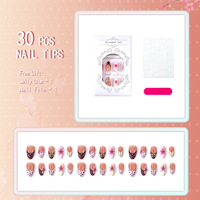 Grosir 30 Buah Tip Kuku 3D Bentuk Almond Bahan ABS, Motif Bunga Gradasi Polkadot, Berhiaskan Rhinestone Buatan Tangan, Dapat Digunakan Kembali, Untuk Salon Kuku