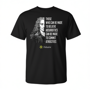 Camiseta con cita de Voltaire, color negro, cuello redondo, manga corta, diseño filosófico - Product Image 2