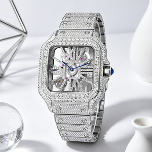 Montre de luxe carrée en moissanite VVS, mouvement suisse Ronda 1042, bracelet entièrement en acier inoxydable, verre saphir, étanche, squelette - Product Image 4