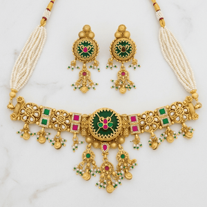 Traditional Gold Plated Green Pink Meenakari Choker Necklace Set With Circular Motifs Drops Matching Earrings For Bridal Wear - Product Image 2