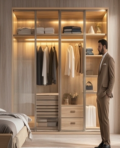 Organiseur de vêtements sur mesure pour armoire, laque imitation bois, stratifié mélaminé, meuble de chambre à coucher avec éclairage LED - Product Image 3