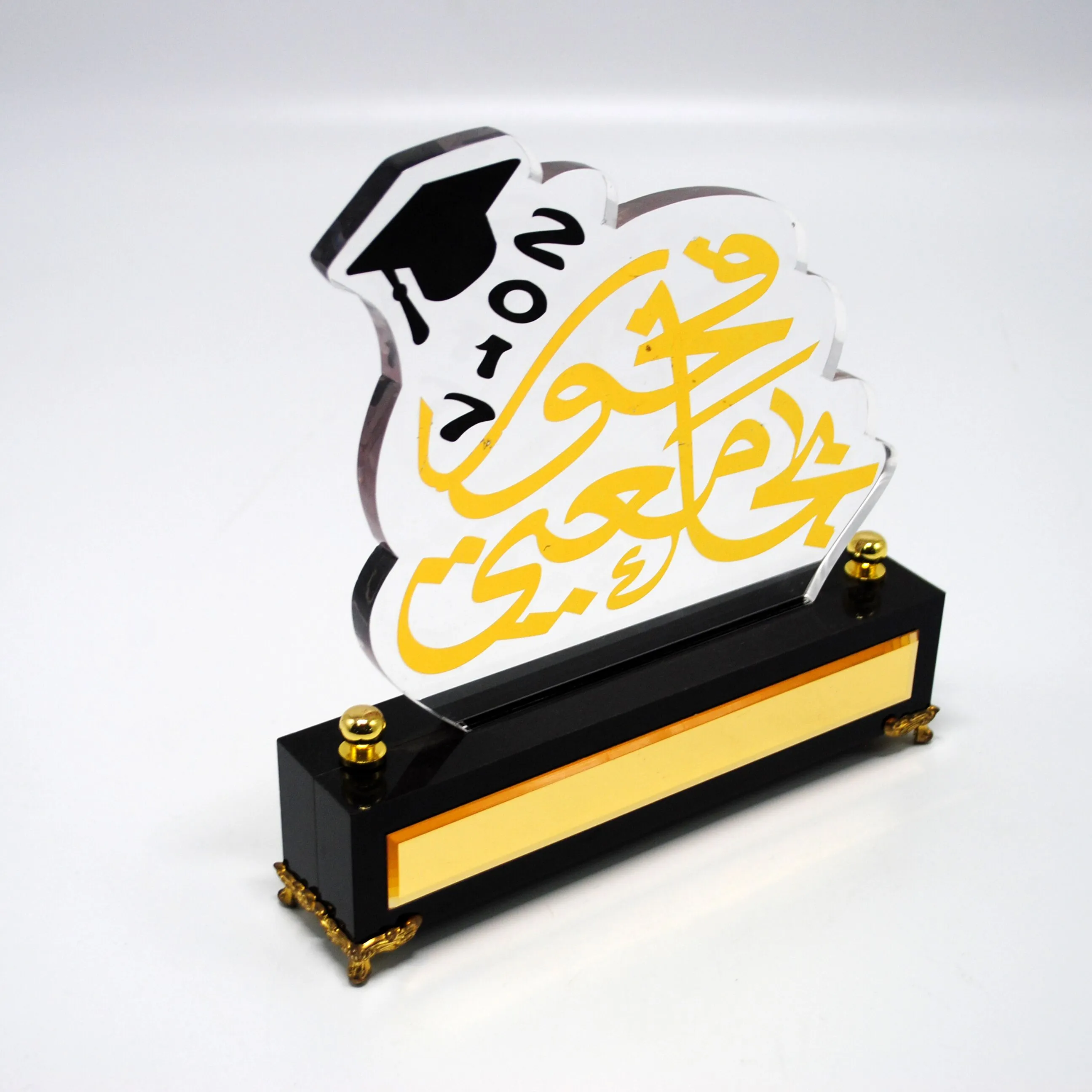 ゴールドロゴカスタムデザインアクリルガラスラッシュトロフィープラークメダル製卒業記念シンボル