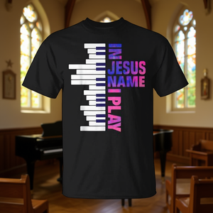 Camiseta Christian Piano Player con diseño 'In Jesus Name I Play' en negro, talla mediana - Product Image 3