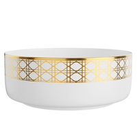 Assiettes de présentation en céramique blanches de luxe avec bordure géométrique dorée pour la décoration de table de mariage et de banquet