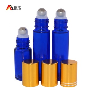 Hot sale cobalt blue 10ml empty glass roll on bottle with gold aluminum covered screw cap and stainless steel roller <span class=keywords><strong>ball</strong></span> - Product Image 2