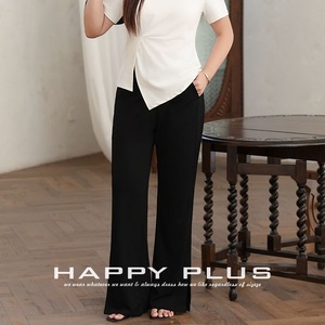 Pantalon large taille haute pour femme Happy Plus, en crêpe noir micro-élastique, anti-plis, grande taille N8960 - Product Image 4