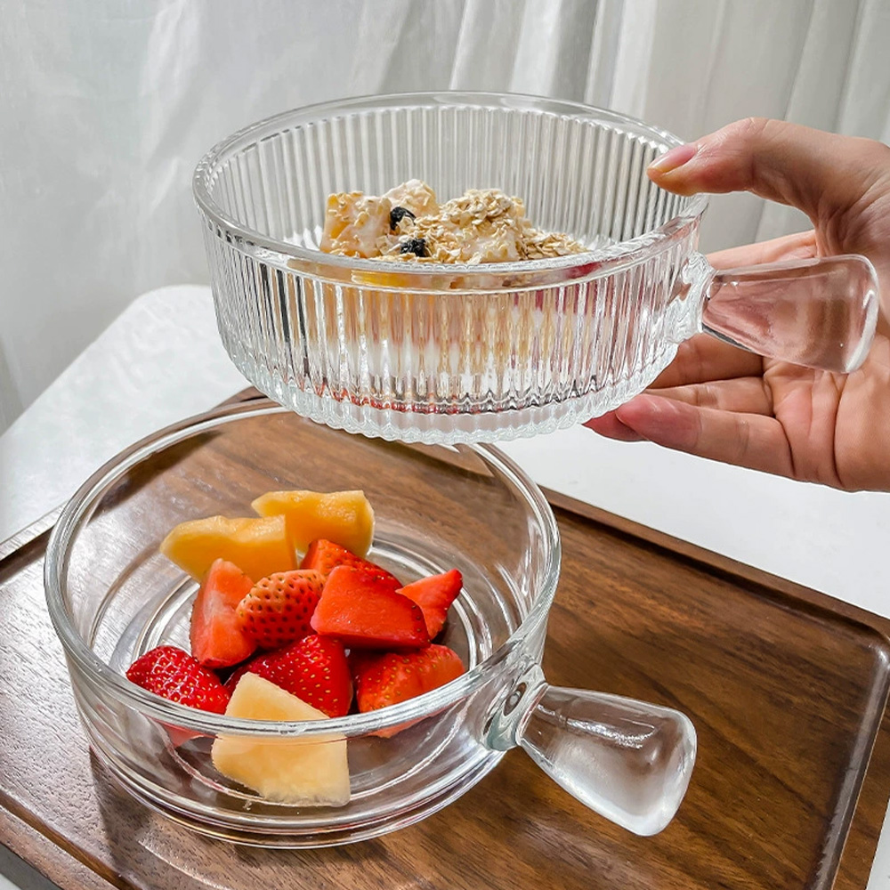 Factory Wholesale Modern Simple Transparent Stripe Glass Salad Bowl Breakfast Bowl With Handle