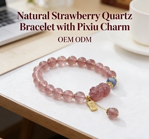 Pulseira de Cristal Natural de Morango com Strass e Contas, Design Vintage de Gema Rosa, Pixiu da Riqueza e Boa Sorte para Mulheres, Presente Atacado - Product Image 4
