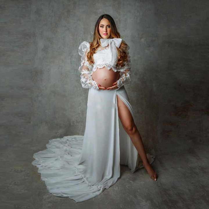 Momsmood Off-shoulder Grenadine Cross Chest Maternity Dresses For Photoshoot Maxi Dress