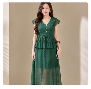 Women’s Polka Dot Chiffon Two Piece Set V Neck Flutter Sleeve Peplum <b>Top</b> Maxi Skirt Co Ord Set OEM ODM Wholesale Vietnam - Product Image 1