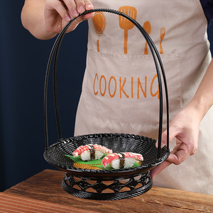 Handheld Plastic Fruit <b>Basket</b> Floral Pattern Black Handle Serving <b>Tray</b> Residential Use - Product Image 1
