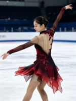 Robe de patinage artistique à col dégradé rouge vin et noir, manches longues, maille florale 3D, dos ouvert, pour compétition et spectacle