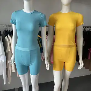 Ready To Ship Products Ropa De Mujer Women's Clothing Ribbed Tshirt And Shorts 2 2 Pieces Summer Set Pajamas Pyjama Casual Set