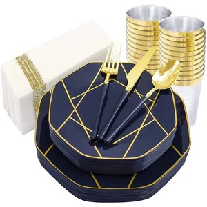 Assiette à steak hexagonale <span class=keywords><strong>jetable</strong></span> en plastique doré <span class=keywords><strong>bleu</strong></span> <span class=keywords><strong>marine</strong></span> de 7,5 pouces, <span class=keywords><strong>vaisselle</strong></span> pour hôtels et restaurants, fête - Product Image 1