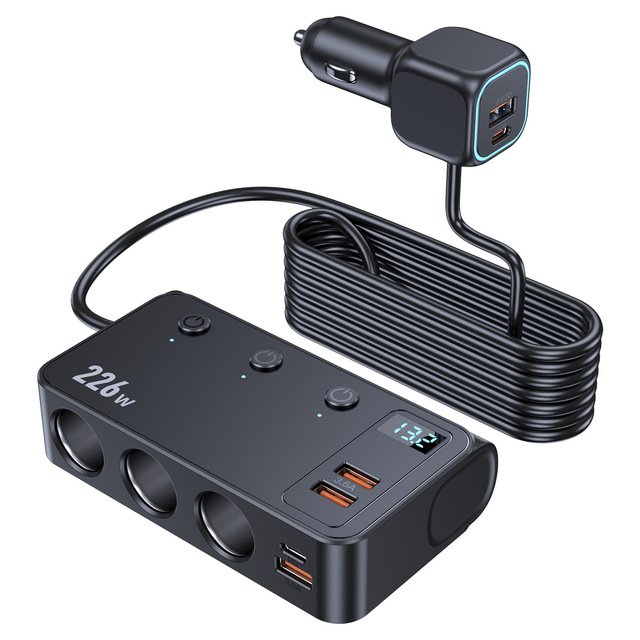 226W 9-Port Car Charger with Dual PD & QC3.0, GaN Fast Charging Adapter for Laptop Tablet Phone 1M Cable