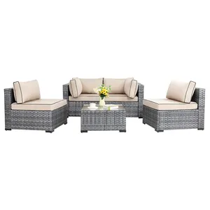 Modern Plastic Wooden Outdoor Sofa With Table Waterproof Combination Sofa Set Outdoor Rattan Furniture Set