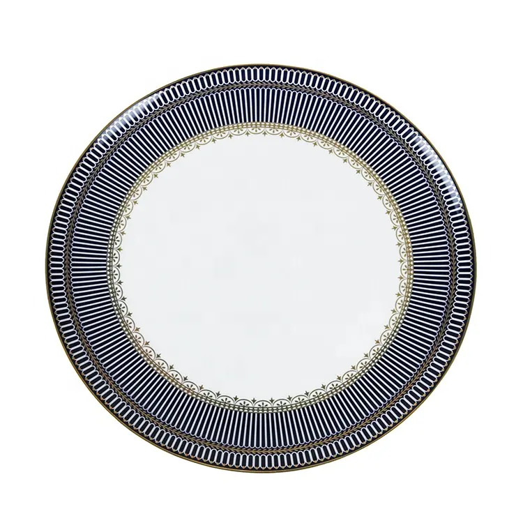 12 Inch New Design Lace Gold Rim Wedding Blue Plate Fine Bone China Dinnerware Sets Restaurant Ceramic Dishes