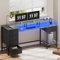 Bureau de jeu en forme de L avec grain de marbre, support pour écran + station de charge et tiroirs