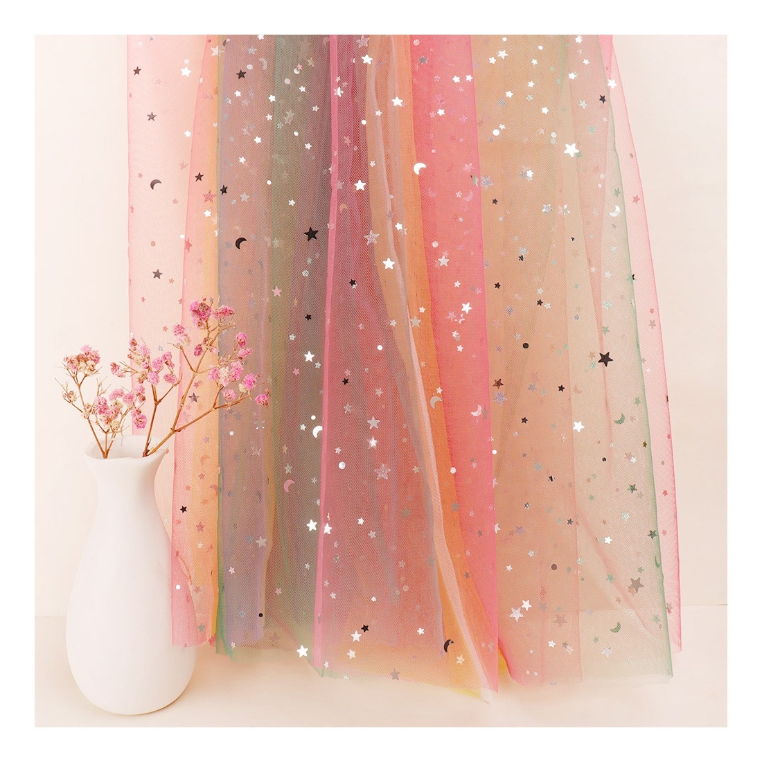 White Sparkle Star And Moon Sequins Illusion Color Soft Tulle Fabric For Fairy Robes