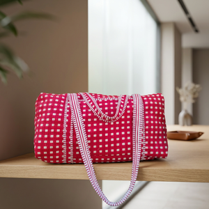 Red <b>Weekender</b> Handmade Quilted Duffle <b>Bags</b> Block Printed Overnight <b>Bags</b> Hand Luggage <b>Bags</b> Duffel <b>Bags</b> for <b>Women</b> From India - Product Image 1
