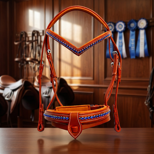 Brida de cuero genuino acolchada para caballo de exhibición con cristales azules, brida de cuero de lujo con diseño Flash y pico de diseñador - Product Image 3