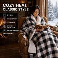 Couverture chauffante en flanelle sherpa à carreaux Buffalo, 50*60 pouces, 8 niveaux de chauffage, arrêt automatique, protection contre la surchauffe