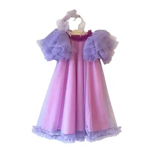 2020子供服ラベンダーフリルスリーブ女の子のためのレイヤードドレス