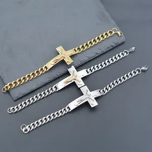 Fashion Design impermeabile croce cattolica cristiana argento placcato oro bracciale cubano catena a mano per uomo donna