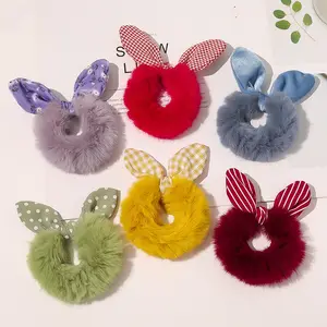 Groothandel Bunny Ear Haarband Hoge Kwaliteit Designer Zachte Pluche Pluizige Scrunchy Schattige Konijnenoren Meisjes Elastische Rubberen Haarband