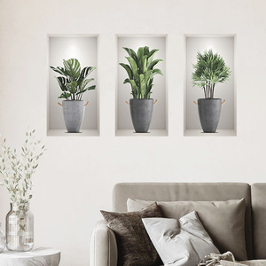 Autocollant mural de rempotage de plantes vertes créatives faux <span class=keywords><strong>triptyque</strong></span> tridimensionnel décalcomanies papier peint décoratif de salon - Product Image 2