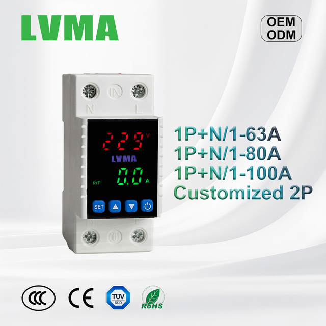 1P+N 2P 63A 80A 100A Current Voltage Relay Single Phase 230V 50Hz Stabilizer Under/Overvoltage Protection Digital LCD Display