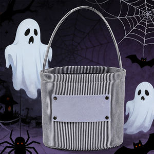 Secchiello di Halloween in tela a righe personalizzato all'ingrosso, riutilizzabile, per dolcetti o scherzi, cestino portatile per caramelle per bambini - Product Image 2