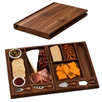 Ensemble de planches à charcuterie en bois d'acacia de qualité supérieure en forme de livre avec 4 couteaux à fromage et 2 plats, planche à fromage pliable en bois