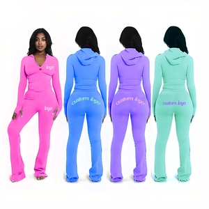 Tall Girl Friendly Skinny Full Zip Hoodie Jacket and Flared Pants Set Women Custom Outfit Two Piece Tracksuit Set Women <strong>Clothing</strong> - Product Image 1