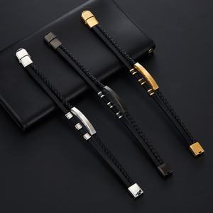 Cool Rock Korean Designer Durable Hypoallergenic 18k Gold Plated Two Layers Leather Fashion <b>Bangle</b> Bracelet Jewelry for <b>Men</b> - Product Image 5