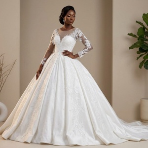 ชุดแต่งงานแขนยาวทรงเอ ลูกไม้ปักลาย คอวี ผ้าซาติน ชุดเจ้าสาว Lsbh29 - Product Image 1