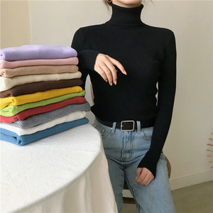 High Neck Knit <b>Top</b> Women Slim Fit Long Sleeve Solid Color Sweater One Size Autumn Winter Base <b>Layer</b> - Product Image 1