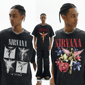 T-shirt da uomo American Retro <span class=keywords><strong>Rock</strong></span> a maniche corte, con maniche raglan, vestibilità ampia, effetto lavato, in tessuto pesante, anti-restringimento, lavorato a maglia, per il commercio transfrontaliero - Product Image 1