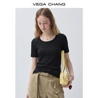 T-shirt noir à col rond et manches courtes VEGA CHANG pour femme, en tissu côtelé, coupe ajustée, tee-shirt basique décontracté, vente en gros