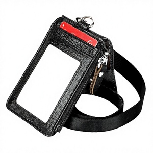 Black RFID Blocking Genuine Leather Fashion <b>ID</b> Wallet Lanyard Badge Pass <b>Holder</b> for Credit Card Use - Product Image 4