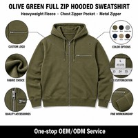 Sweat-shirt à capuche zippé vert olive brodé avec logo personnalisé, capuche à cordon, manches longues, poids du sweat-shirt entre 400-450g