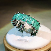 Bague de fiançailles pour femme en pierre précieuse synthétique Paraiba taille princesse, style européen