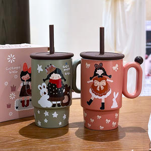 Ceramic <b>Straw</b> Mug <b>With</b> <b>Lid</b> <b>And</b> Handle Cartoon Design For Girls Gift <b>Cup</b> Orange Red Color Single <b>Cup</b> - Product Image 3