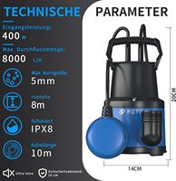 Pompe submersible FOTING 400W 8000L/h, pompe électrique filaire en plastique, hauteur de refoulement 8m, profondeur réglable 7m, pompe de drainage à flotteur