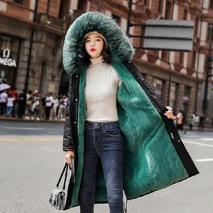 따뜻한 겨울 무릎 긴 아웃웨어 두꺼운 재킷 여성 파카 코트 모피 칼라