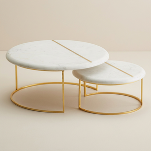 AK Brass <b>Round</b> Iron Metal Coffee <b>Table</b> Set of 2 <b>Gold</b> Finish with Marble Top for Living Room Cafe Hotel Furniture - Product Image 3
