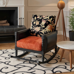 Fauteuil à bascule en bois massif Longstar, canapé avec coussin floral, fauteuil à bascule vintage noir, fauteuil à bascule élégant, 70x115x90cm pour le salon - Product Image 3