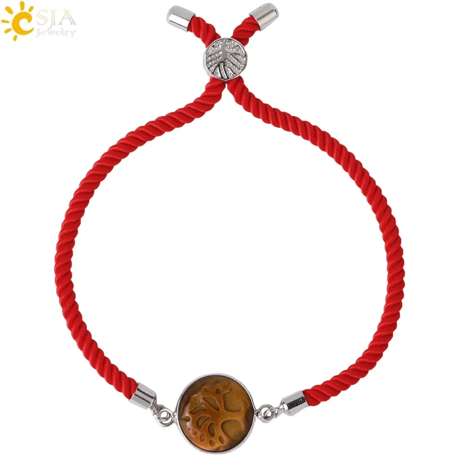 Csja Nieuwe Carving Boom Van Het Leven Charm Lucky Red Nylon Touw Verstelbare Healing Crystal Natuursteen Armband Vrouwen Groothandel H032