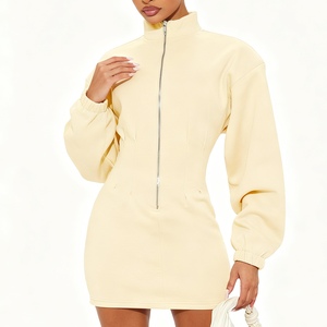 เดรสแฟชั่นผู้หญิงคอลเลคชั่นใหม่ประจำฤดูใบไม้ร่วง/ฤดูหนาว สีพื้นเรียบง่าย คอตั้ง แขนยาว ซิปผ่าหน้า ช่วงเอวเข้ารูป - Product Image 3